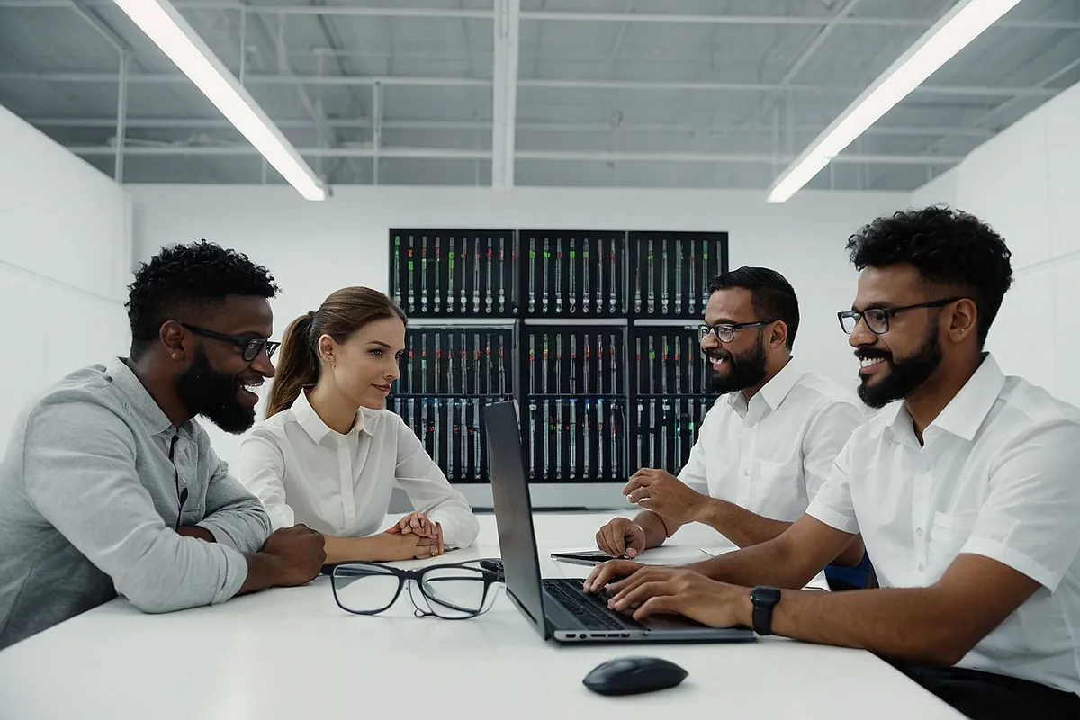 Grupo diverso em reunião com notebook sobre a mesa