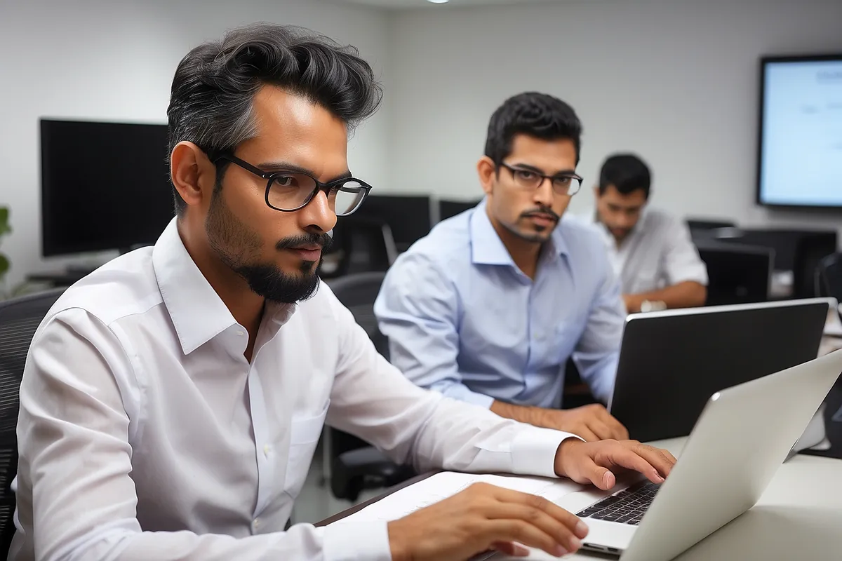 Profissionais conversando ao redor de um computador portátil