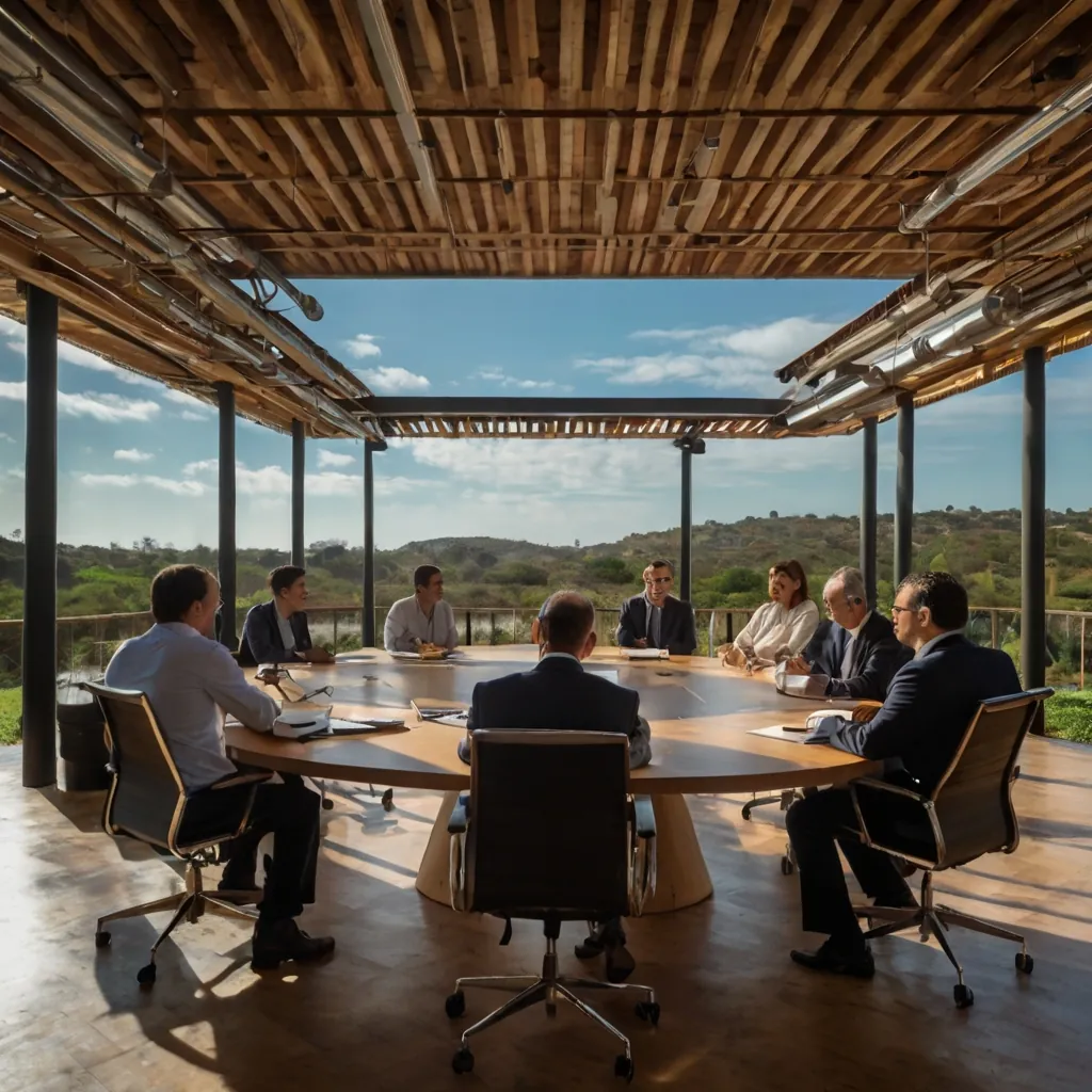 Encontro corporativo em sala com vista para o exterior