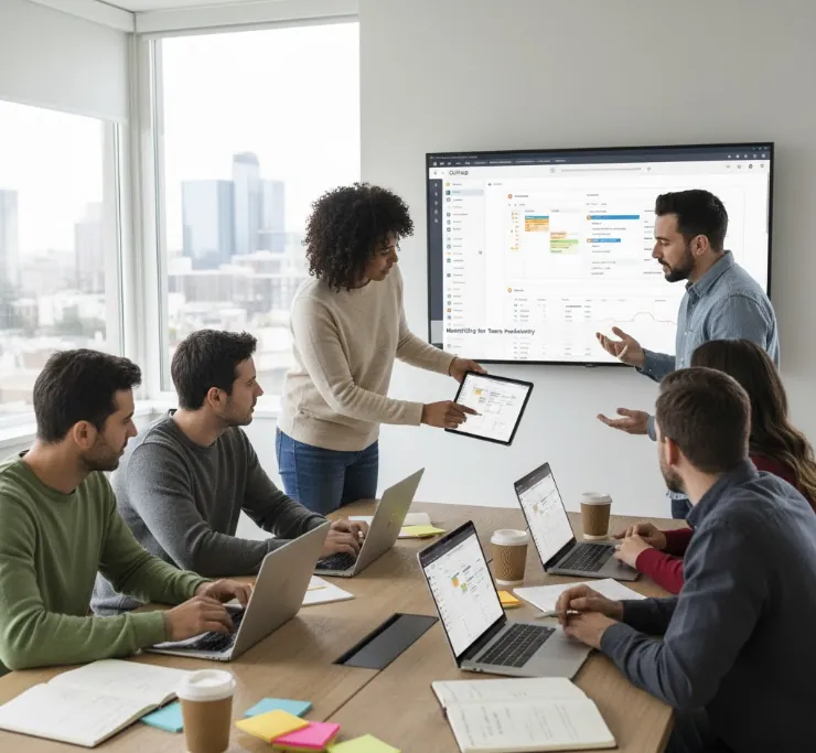 Reunião de equipe com painel de projetos projetado na parede